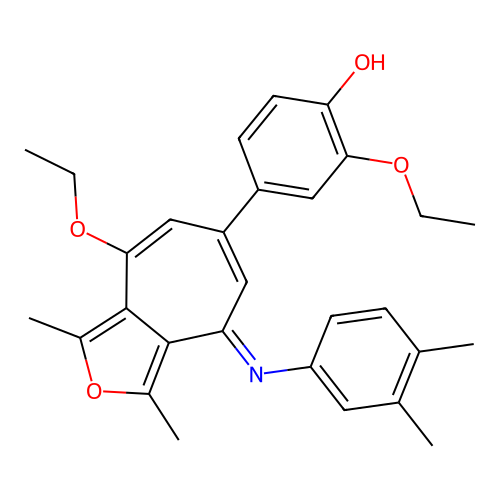 (E)-4-(4-((3,4-dimethylphenyl)imino)-8-ethoxy-1,3-dimethyl-4H-cyclohepta[c]furan-6-yl)-2-ethoxyphenol structure