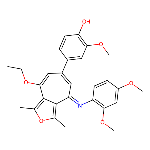 (E)-4-(4-((2,4-dimethoxyphenyl)imino)-8-ethoxy-1,3-dimethyl-4H-cyclohepta[c]furan-6-yl)-2-methoxyphenol structure