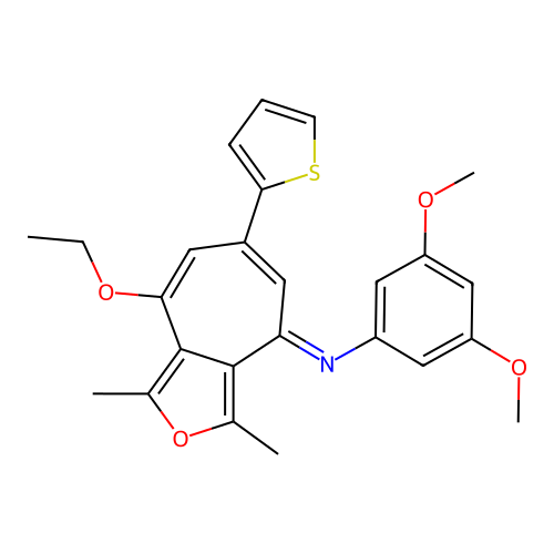 (E)-N-(8-ethoxy-1,3-dimethyl-6-(thiophen-2-yl)-4H-cyclohepta[c]furan-4-ylidene)-3,5-dimethoxyaniline structure