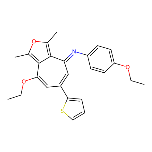 (E)-4-ethoxy-N-(8-ethoxy-1,3-dimethyl-6-(thiophen-2-yl)-4H-cyclohepta[c]furan-4-ylidene)aniline structure