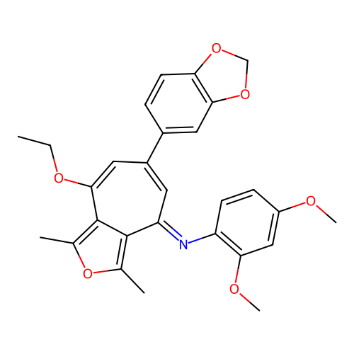 (E)-N-(6-(benzo[d][1,3]dioxol-5-yl)-8-ethoxy-1,3-dimethyl-4H-cyclohepta[c]furan-4-ylidene)-2,4-dimethoxyaniline structure