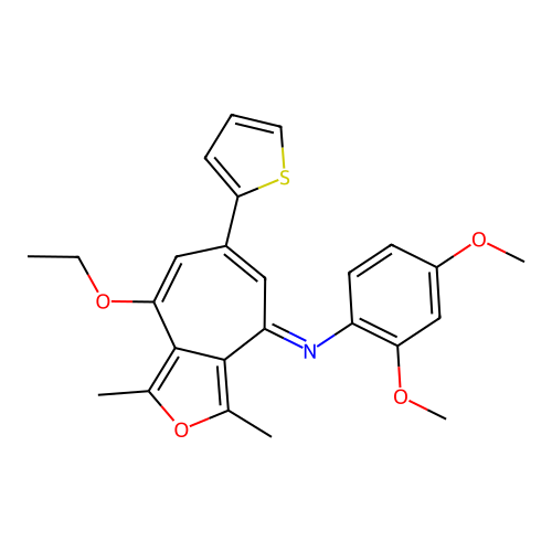 (E)-N-(8-ethoxy-1,3-dimethyl-6-(thiophen-2-yl)-4H-cyclohepta[c]furan-4-ylidene)-2,4-dimethoxyaniline structure