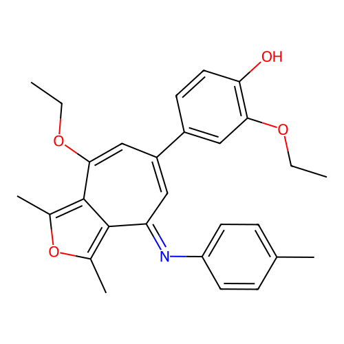 (E)-2-ethoxy-4-(8-ethoxy-1,3-dimethyl-4-(p-tolylimino)-4H-cyclohepta[c]furan-6-yl)phenol structure