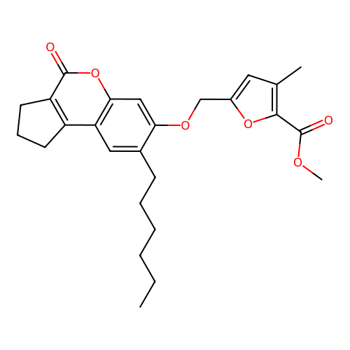 methyl 5-(((8-hexyl-4-oxo-1,2,3,4-tetrahydrocyclopenta[c]chromen-7-yl)oxy)methyl)-3-methylfuran-2-carboxylate structure