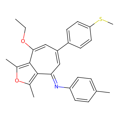 (E)-N-(8-ethoxy-1,3-dimethyl-6-(4-(methylthio)phenyl)-4H-cyclohepta[c]furan-4-ylidene)-4-methylaniline structure