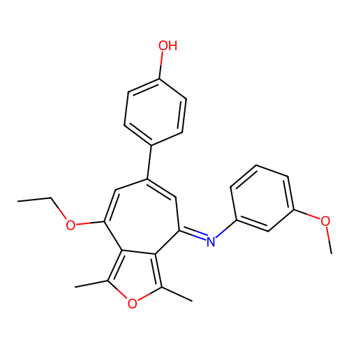 (E)-4-(8-ethoxy-4-((3-methoxyphenyl)imino)-1,3-dimethyl-4H-cyclohepta[c]furan-6-yl)phenol structure