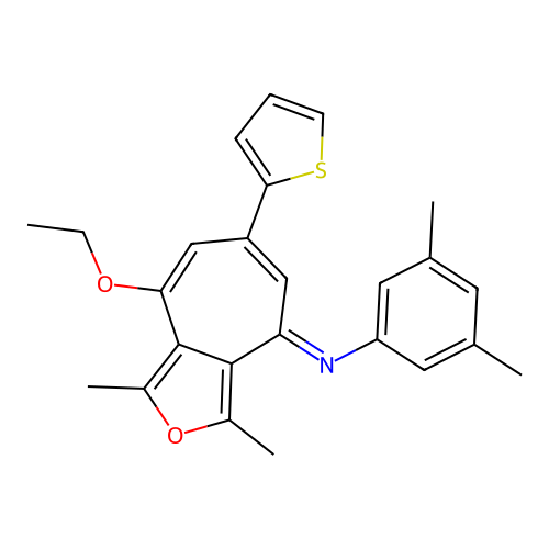 (E)-N-(8-ethoxy-1,3-dimethyl-6-(thiophen-2-yl)-4H-cyclohepta[c]furan-4-ylidene)-3,5-dimethylaniline structure
