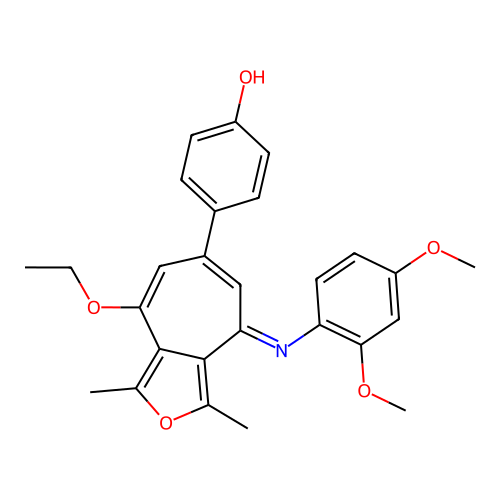 (E)-4-(4-((2,4-dimethoxyphenyl)imino)-8-ethoxy-1,3-dimethyl-4H-cyclohepta[c]furan-6-yl)phenol structure