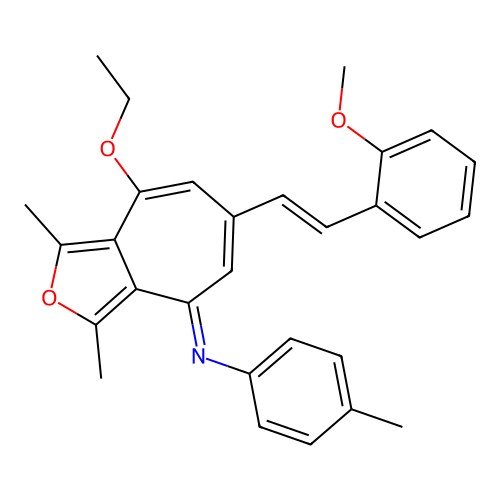4-ethoxy-6-[2-(2-methoxyphenyl)ethenyl]-1,3-dimethyl-N-(4-methylphenyl)cyclohepta[c]furan-8-imine structure