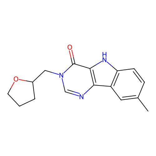 8-methyl-3-((tetrahydrofuran-2-yl)methyl)-3H-pyrimido[5,4-b]indol-4(5H)-one structure