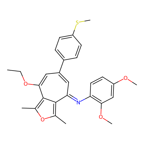 (E)-N-(8-ethoxy-1,3-dimethyl-6-(4-(methylthio)phenyl)-4H-cyclohepta[c]furan-4-ylidene)-2,4-dimethoxyaniline structure