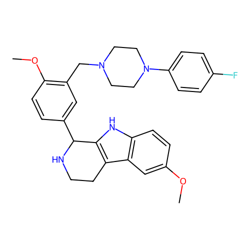 1-(3-((4-(4-fluorophenyl)piperazin-1-yl)methyl)-4-methoxyphenyl)-6-methoxy-2,3,4,9-tetrahydro-1H-pyrido[3,4-b]indole structure