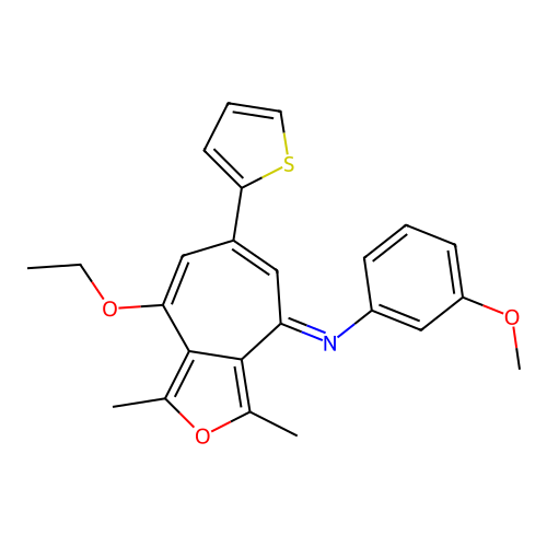 (E)-N-(8-ethoxy-1,3-dimethyl-6-(thiophen-2-yl)-4H-cyclohepta[c]furan-4-ylidene)-3-methoxyaniline structure