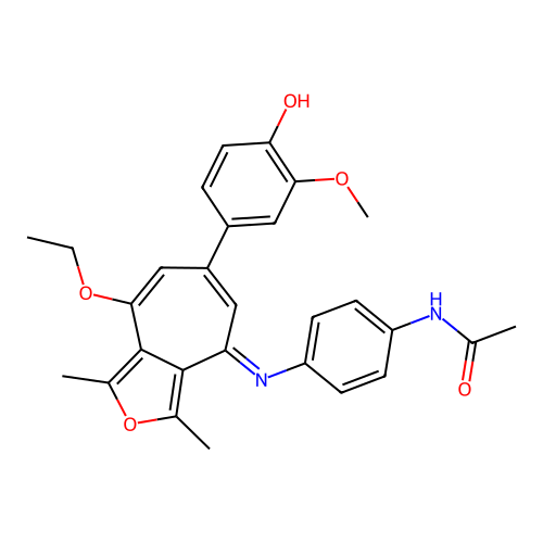 (E)-N-(4-((8-ethoxy-6-(4-hydroxy-3-methoxyphenyl)-1,3-dimethyl-4H-cyclohepta[c]furan-4-ylidene)amino)phenyl)acetamide structure