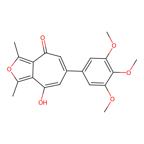 8-hydroxy-1,3-dimethyl-6-(3,4,5-trimethoxyphenyl)-4H-cyclohepta[c]furan-4-one structure