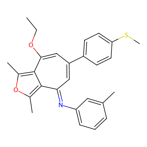 (E)-N-(8-ethoxy-1,3-dimethyl-6-(4-(methylthio)phenyl)-4H-cyclohepta[c]furan-4-ylidene)-3-methylaniline structure