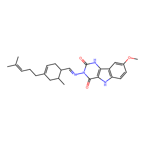 8-methoxy-3-(((6-methyl-4-(4-methylpent-3-en-1-yl)cyclohex-3-en-1-yl)methylene)amino)-1H-pyrimido[5,4-b]indole-2,4(3H,5H)-dione structure
