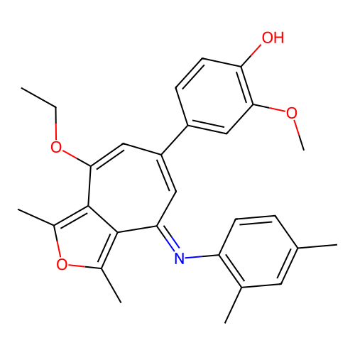 (E)-4-(4-((2,4-dimethylphenyl)imino)-8-ethoxy-1,3-dimethyl-4H-cyclohepta[c]furan-6-yl)-2-methoxyphenol structure