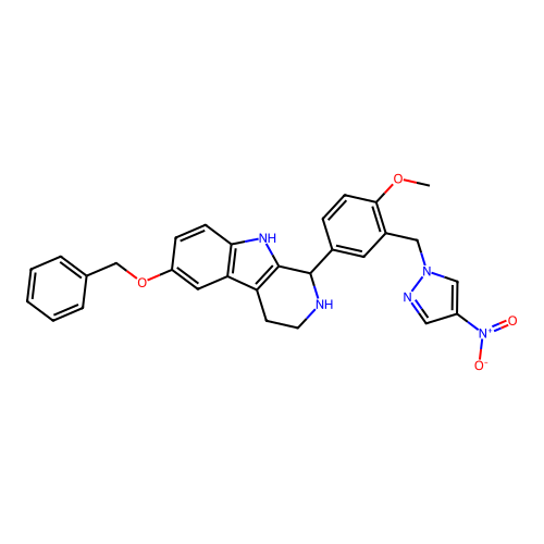 1-[4-methoxy-3-[(4-nitropyrazol-1-yl)methyl]phenyl]-6-phenylmethoxy-2,3,4,9-tetrahydro-1H-pyrido[3,4-b]indole structure
