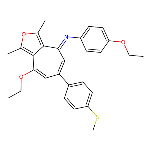 (E)-4-ethoxy-N-(8-ethoxy-1,3-dimethyl-6-(4-(methylthio)phenyl)-4H-cyclohepta[c]furan-4-ylidene)aniline structure