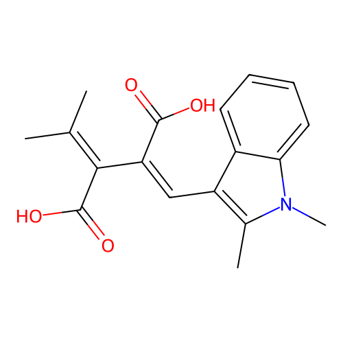 (2Z)-2-[(1,2-dimethyl-1H-indol-3-yl)methylidene]-3-(propan-2-ylidene)butanedioic acid structure