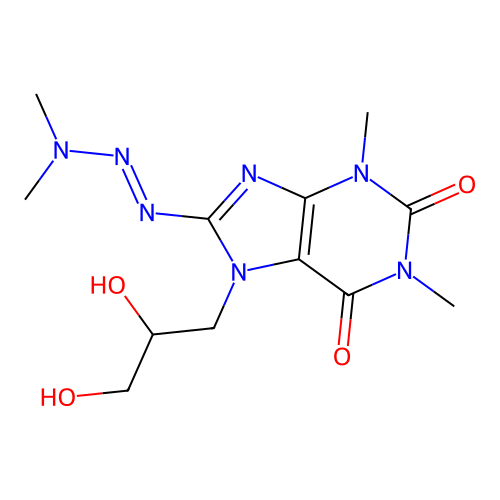 7-(2,3-dihydroxypropyl)-8-[(E)-dimethylaminoazo]-1,3-dimethyl-purine-2,6-dione structure