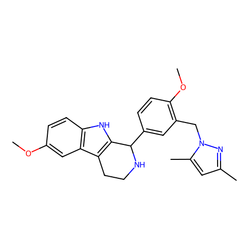 1-(3-((3,5-dimethyl-1H-pyrazol-1-yl)methyl)-4-methoxyphenyl)-6-methoxy-2,3,4,9-tetrahydro-1H-pyrido[3,4-b]indole structure