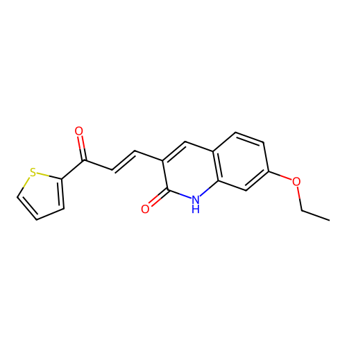 (E)-7-ethoxy-3-(3-oxo-3-(thiophen-2-yl)prop-1-en-1-yl)quinolin-2(1H)-one structure