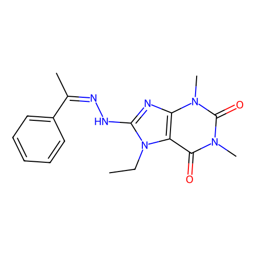 7-ethyl-1,3-dimethyl-8-[(2Z)-2-(1-phenylethylidene)hydrazinyl]purine-2,6-dione structure