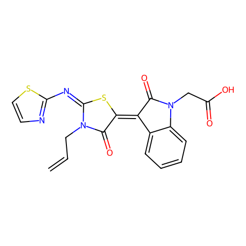 {(3Z)-2-oxo-3-[(2E)-4-oxo-3-(prop-2-en-1-yl)-2-(1,3-thiazol-2-ylimino)-1,3-thiazolidin-5-ylidene]-2,3-dihydro-1H-indol-1-yl}acetic acid structure