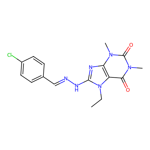 (E)-8-(2-(4-chlorobenzylidene)hydrazinyl)-7-ethyl-1,3-dimethyl-1H-purine-2,6(3H,7H)-dione structure