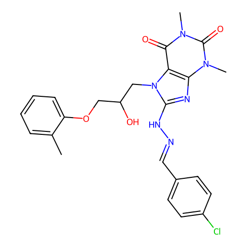 (E)-8-(2-(4-chlorobenzylidene)hydrazinyl)-7-(2-hydroxy-3-(o-tolyloxy)propyl)-1,3-dimethyl-1H-purine-2,6(3H,7H)-dione structure