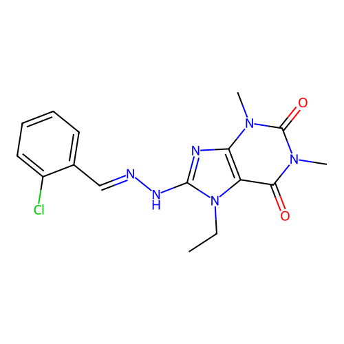 (E)-8-(2-(2-chlorobenzylidene)hydrazinyl)-7-ethyl-1,3-dimethyl-1H-purine-2,6(3H,7H)-dione structure