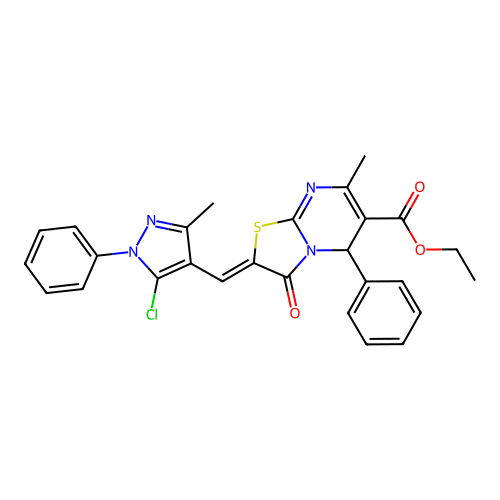 ethyl (2Z)-2-[(5-chloro-3-methyl-1-phenylpyrazol-4-yl)methylidene]-7-methyl-3-oxo-5-phenyl-5H-[1,3]thiazolo[3,2-a]pyrimidine-6-carboxylate structure