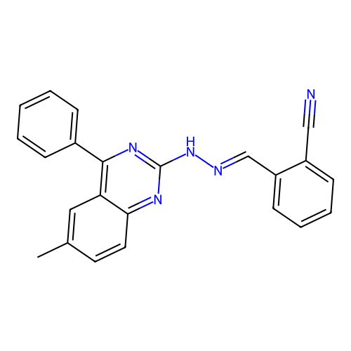 2-{(E)-[2-(6-methyl-4-phenylquinazolin-2-yl)hydrazinylidene]methyl}benzonitrile structure