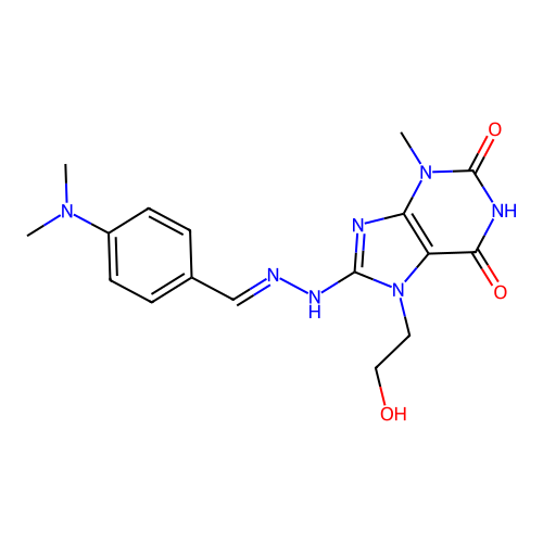 (E)-8-(2-(4-(dimethylamino)benzylidene)hydrazinyl)-7-(2-hydroxyethyl)-3-methyl-1H-purine-2,6(3H,7H)-dione structure