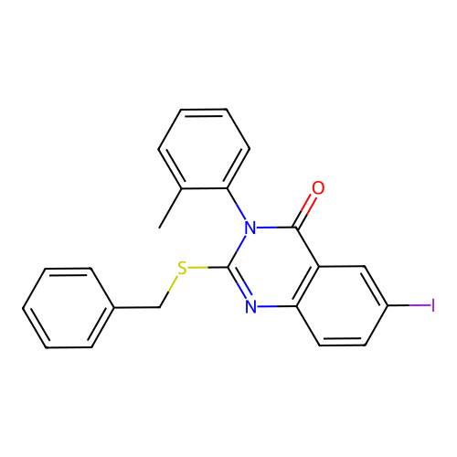 2-(benzylsulfanyl)-6-iodo-3-(2-methylphenyl)quinazolin-4(3H)-one structure