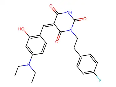 (5Z)-5-[[4-(diethylamino)-2-hydroxyphenyl]methylidene]-1-[2-(4-fluorophenyl)ethyl]-1,3-diazinane-2,4,6-trione structure