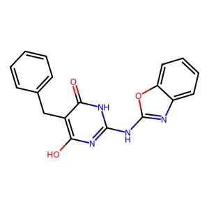 2-(1,3-benzoxazol-2-ylamino)-5-benzyl-4-hydroxy-1H-pyrimidin-6-one structure