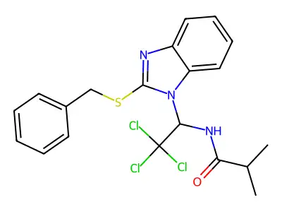 N-{1-[2-(benzylsulfanyl)-1H-benzimidazol-1-yl]-2,2,2-trichloroethyl}-2-methylpropanamide structure