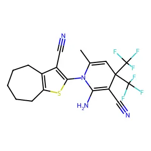 2-amino-1-(3-cyano-5,6,7,8-tetrahydro-4H-cyclohepta[b]thiophen-2-yl)-6-methyl-4,4-bis(trifluoromethyl)pyridine-3-carbonitrile structure