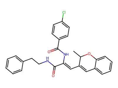 4-chloro-N-{(1Z)-1-(2-methyl-2H-chromen-3-yl)-3-oxo-3-[(2-phenylethyl)amino]prop-1-en-2-yl}benzamide structure