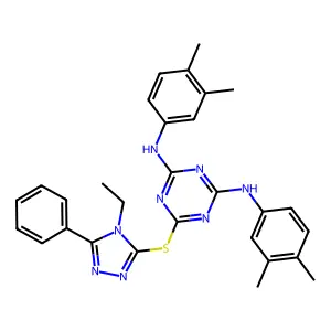 N,N'-bis(3,4-dimethylphenyl)-6-((4-ethyl-5-phenyl-4H-1,2,4-triazol-3-yl)sulfanyl)-1,3,5-triazine-2,4-diamine structure