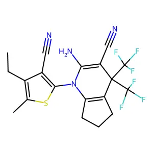 2-amino-1-(3-cyano-4-ethyl-5-methylthiophen-2-yl)-4,4-bis(trifluoromethyl)-6,7-dihydro-5H-cyclopenta[b]pyridine-3-carbonitrile structure