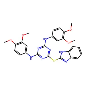 6-(1H-benzimidazol-2-ylsulfanyl)-N,N'-bis(3,4-dimethoxyphenyl)-1,3,5-triazine-2,4-diamine structure