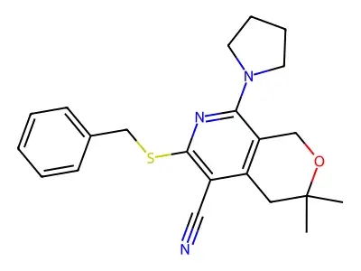 6-benzylsulfanyl-3,3-dimethyl-8-pyrrolidin-1-yl-1,4-dihydropyrano[3,4-c]pyridine-5-carbonitrile structure