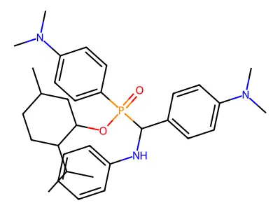 2-isopropyl-5-methylcyclohexyl (4-(dimethylamino)phenyl)((4-(dimethylamino)phenyl)(phenylamino)methyl)phosphinate structure