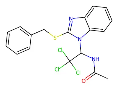 N-{1-[2-(benzylsulfanyl)-1H-benzimidazol-1-yl]-2,2,2-trichloroethyl}acetamide structure