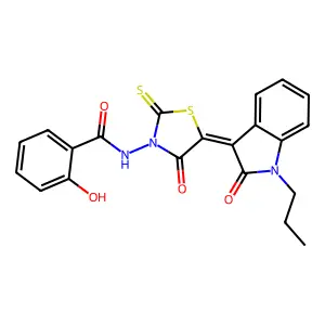 2-hydroxy-N-[(5Z)-4-oxo-5-(2-oxo-1-propyl-1,2-dihydro-3H-indol-3-ylidene)-2-thioxo-1,3-thiazolidin-3-yl]benzamide structure