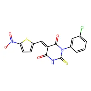 (5Z)-1-(3-chlorophenyl)-5-[(5-nitrothiophen-2-yl)methylidene]-2-sulfanylidene-1,3-diazinane-4,6-dione structure